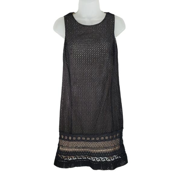 Loft Lace Mini Shift Dress 8P Women Black Tan Overlay Perforated‎ Side Zip - Picture 1 of 10